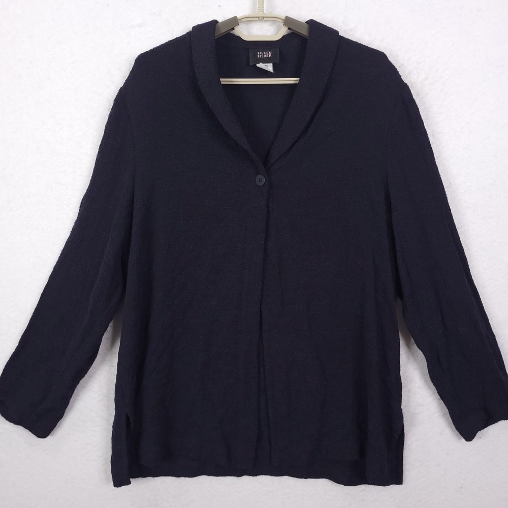 Eileen Fisher Cardigan Womens L Navy Shawl Collar Single Button Textured Wool